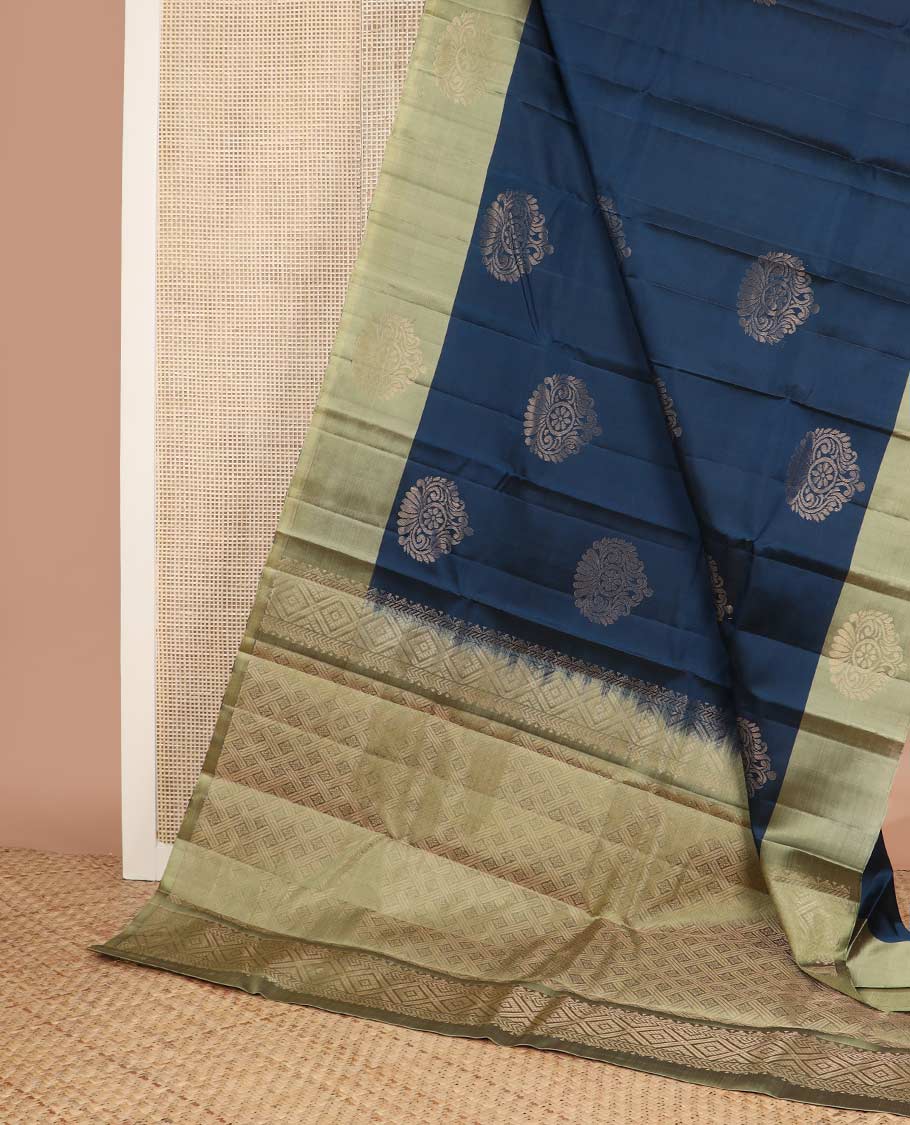 Blue zari buttas silk mix saree, contrast unique design border & pallu of geometric designs