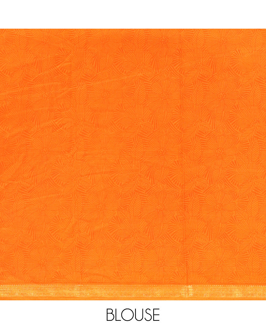 Red Sparsely Motifs Printed Silk Saree, Embellished with Floral Print, a Contrast Ancient Mughal-Style Human Motif Printed Border, and a Contrast Blouse