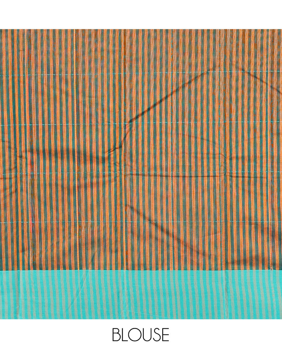 Orange Semi-Silk Cotton Saree, Sparsely Sparkled with Checks All Over Its Body, Complemented by a Contrast Border, Contrast Pallu, and Paired with a Contrast Blouse