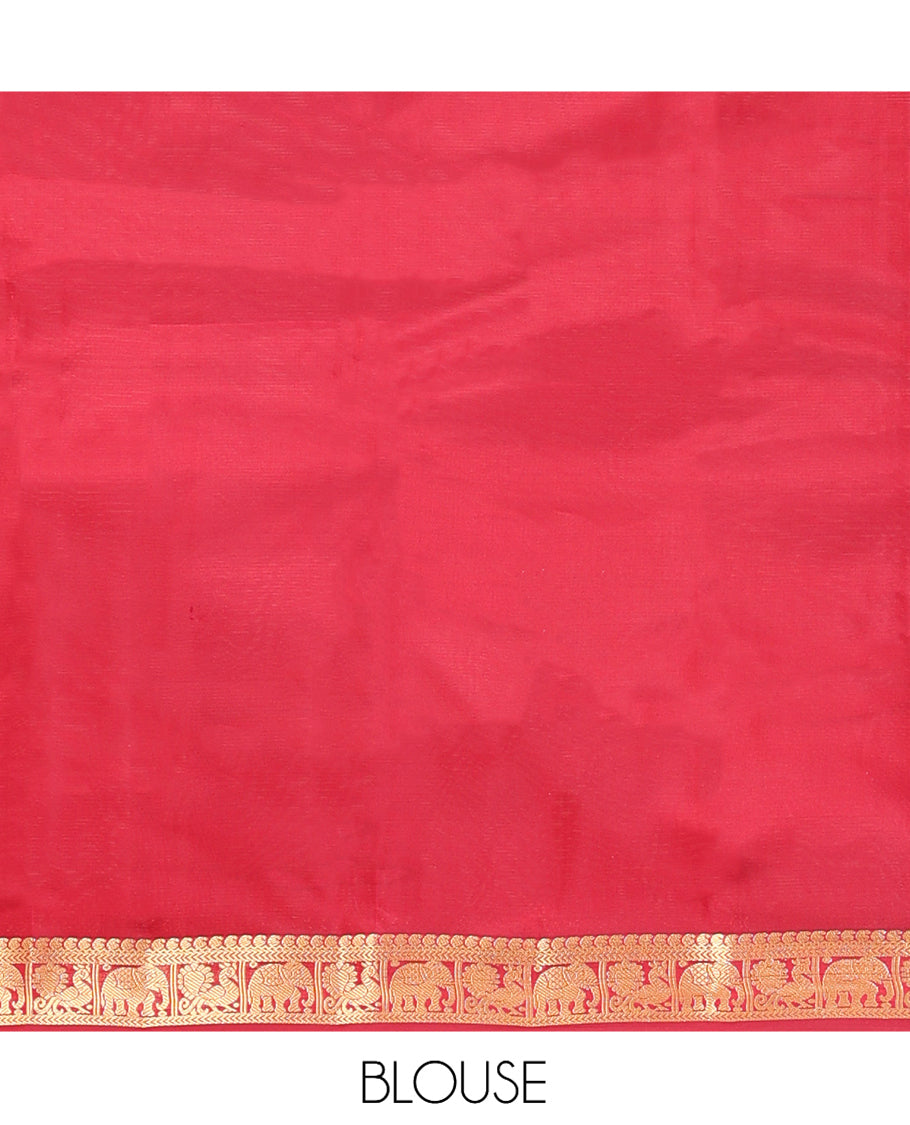 Orange Vasundhara Lite Silk Mix Saree, Gleamed Up with Zari Buttas, a Contrast Border of Manga, Kathir, Mayil, and Yaanai Designs, Grand Pallu, and a Contrast Blouse