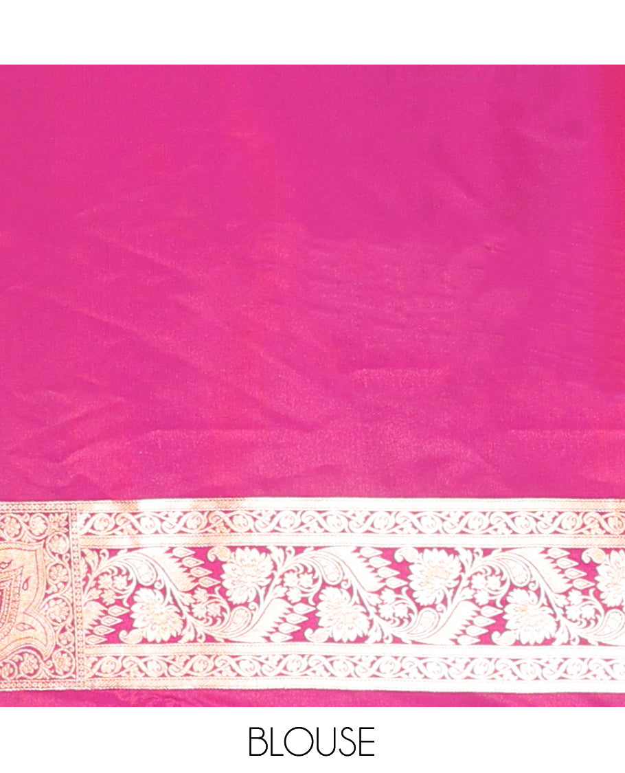 Magenta Banarasi Nylon Saree, Enthralled with Buttas, Floral Creeper Zari Border, Intricate Pallu, and a Contrast Blouse