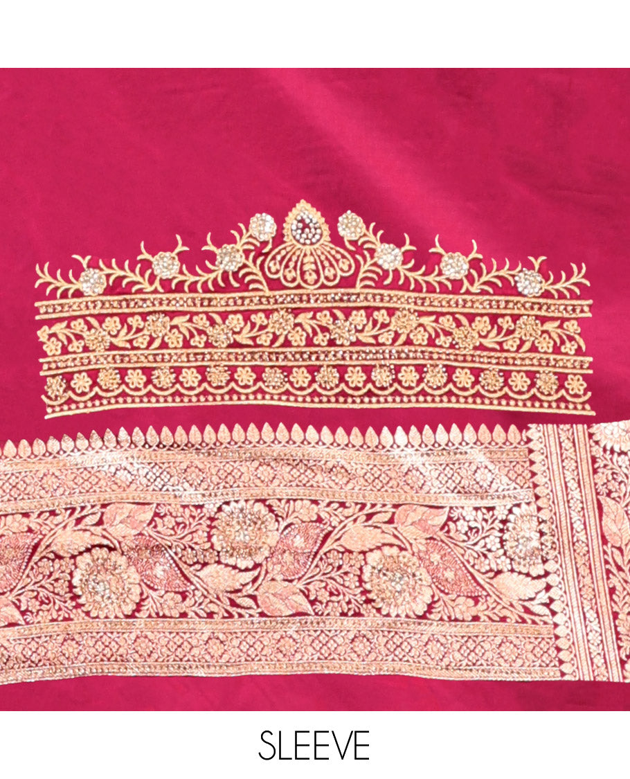 Red Wine Banarasi Satin Saree, Enthralled with Zari Buttas, a Floral Creeper Border, Intricate Stonework Pallu, and a Matching Blouse