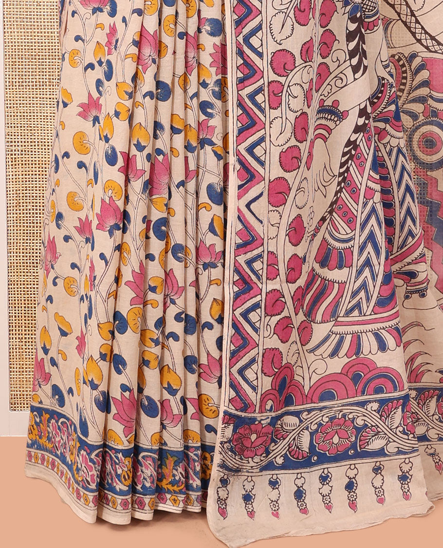 Multi-Color Kalamkari Cotton Saree, Adorned with Floral Vine Print, Contrast Printed Border, Kalamkari Peacock Motifs Pallu, and a Matching Blouse