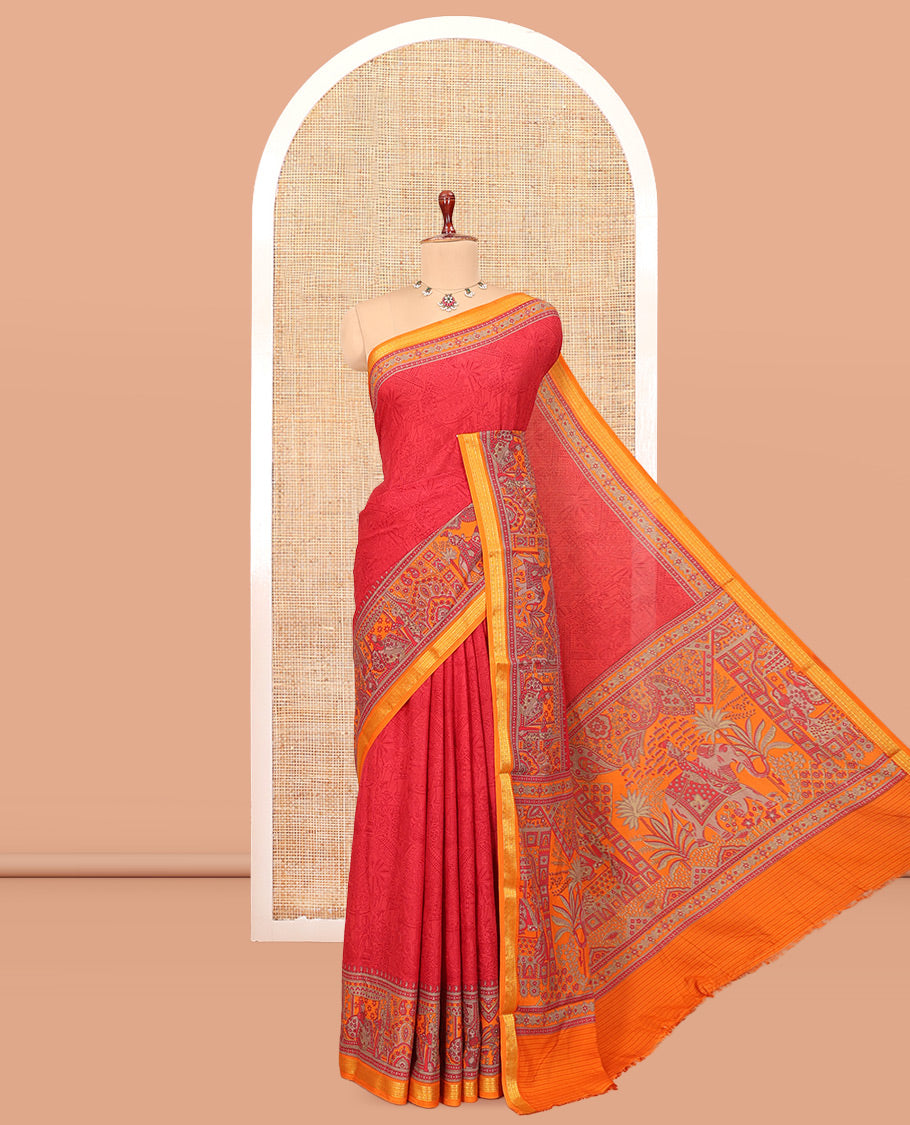 Red Sparsely Motifs Printed Silk Saree, Embellished with Floral Print, a Contrast Ancient Mughal-Style Human Motif Printed Border, and a Contrast Blouse