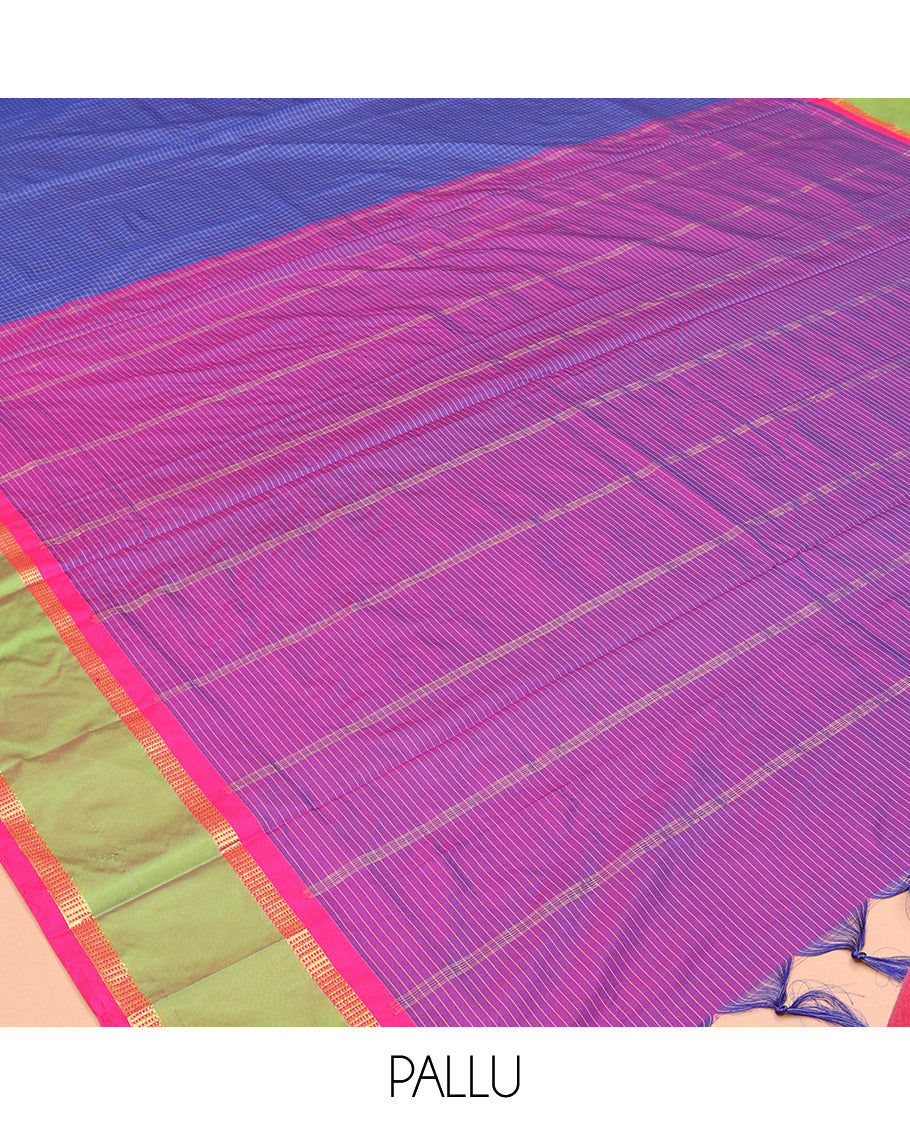 Blue Micro-Checked Ten Yard Saree, Complemented by a Contrast Rettai Pettu Border, Contrast Pallu of Stripes, and No Blouse