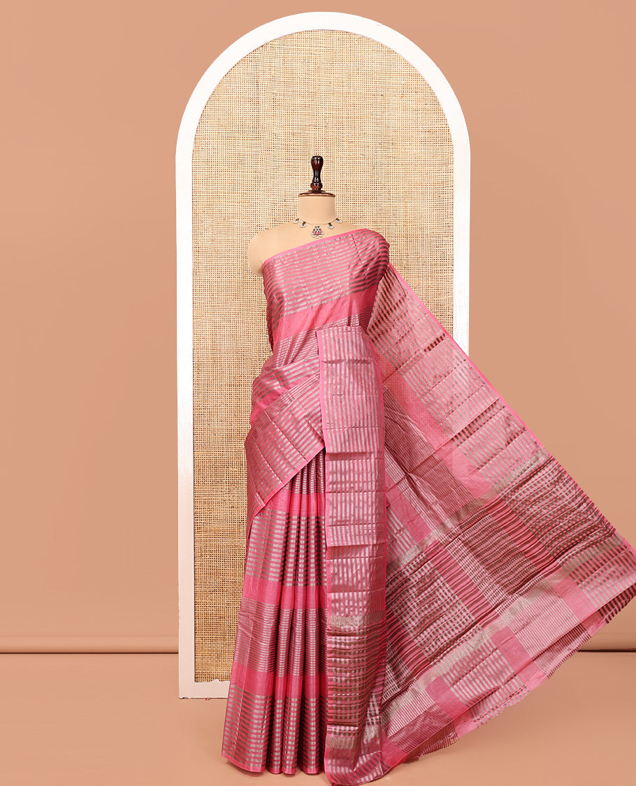 Pink Tussar Silk Saree, Highlighted by Horizontal Zari Stripes Running All Over Its Body, Highlighted by Zari Striped Border, Zari Gleamed up Pallu, and Paired with a Matching Blouse