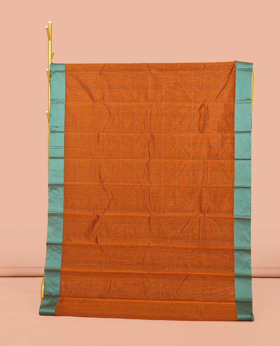 Orange Semi-Silk Cotton Saree, Sparsely Sparkled with Checks All Over Its Body, Complemented by a Contrast Border, Contrast Pallu, and Paired with a Contrast Blouse