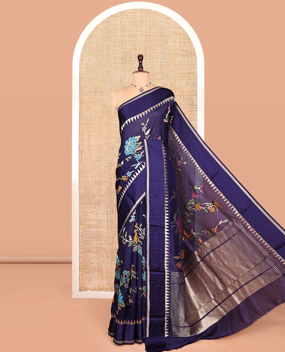 Blue Matka Silk Saree, Detailed with Meenakari Floral Vine All Over Its Body, Highlighted by Temple Rettai Pettu Border, Pallu of Stripes, and Paired with a Matching Blouse