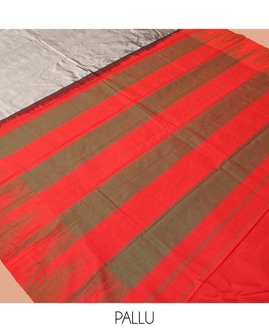 Grey Plain Bangalore Silk Saree, Complemented by a Contrast Temple Border, Pallu of Stripes, and a Contrast Blouse