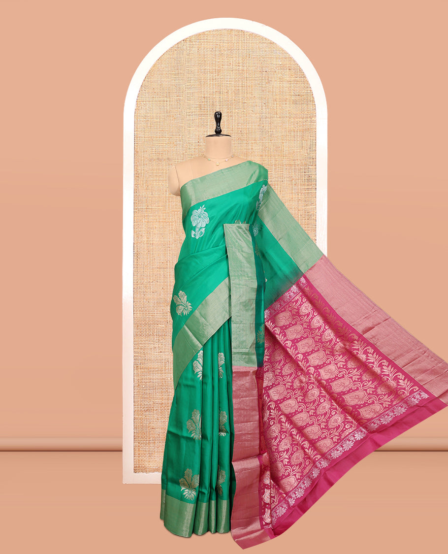 Green Uppada Saree, Embellished with Hibiscus Floral Buttas, a Bavanji Border, Contrast Intricate Pallu, and a Contrast Blouse