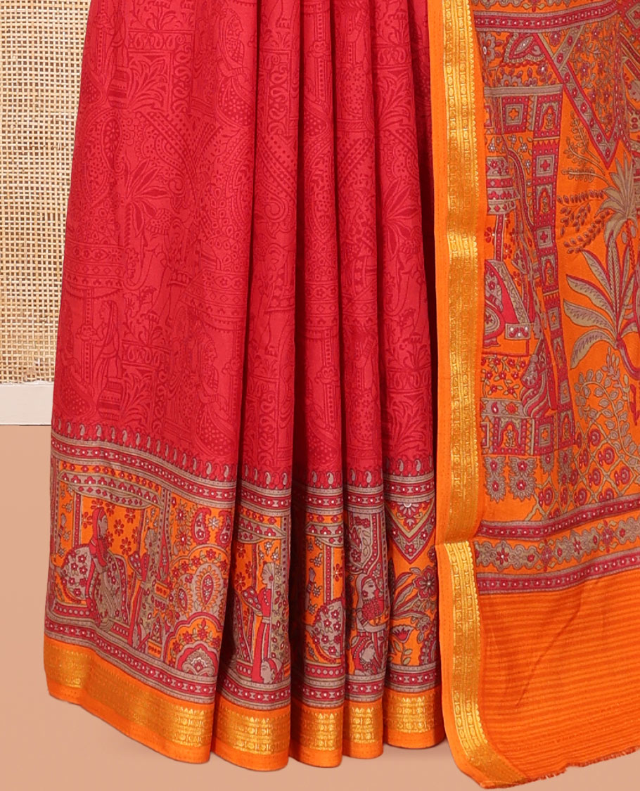 Red Sparsely Motifs Printed Silk Saree, Embellished with Floral Print, a Contrast Ancient Mughal-Style Human Motif Printed Border, and a Contrast Blouse