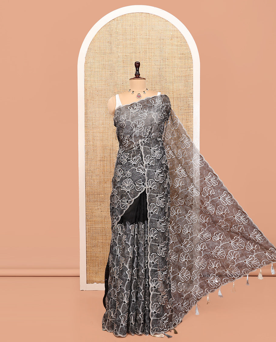 Black Organza Saree, Finely Crafted with Floral Thread Embroidery, Scallop-Embroidered Border, and a Matching Floral Embroidered Blouse