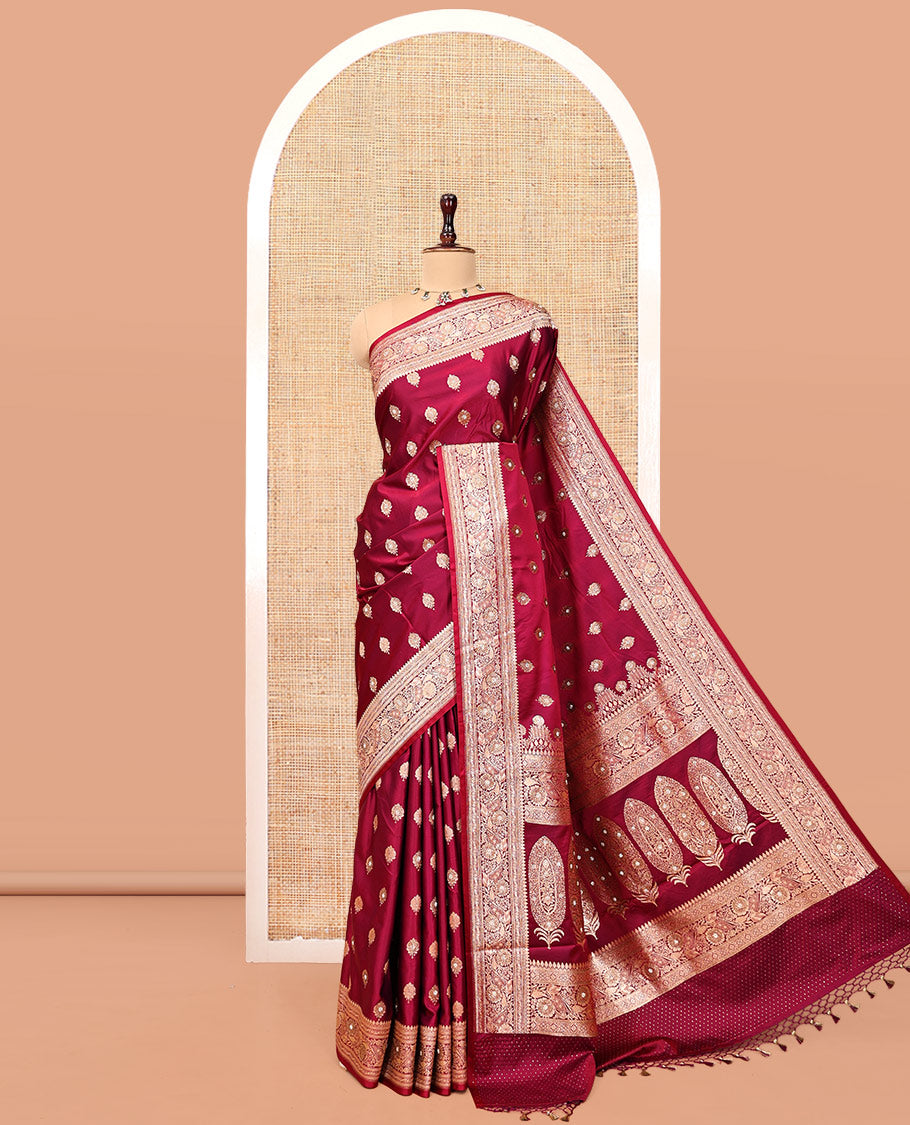 Red Wine Banarasi Satin Saree, Enthralled with Zari Buttas, a Floral Creeper Border, Intricate Stonework Pallu, and a Matching Blouse
