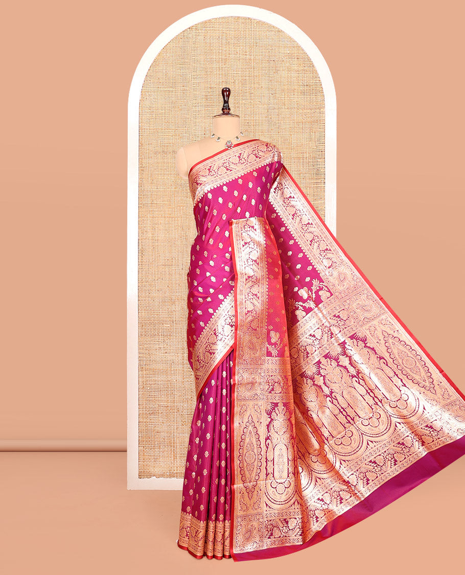 Magenta Banarasi Nylon Saree, Enthralled with Buttas, Floral Creeper Zari Border, Intricate Pallu, and a Contrast Blouse