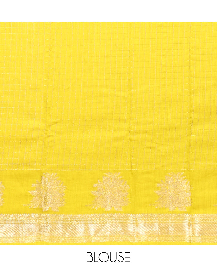 Yellow Assam Silk Saree, Detailed with Zari Checks, Highlighted by a Traditional Zari Border, Zari-Striped Pallu, and a Matching Blouse