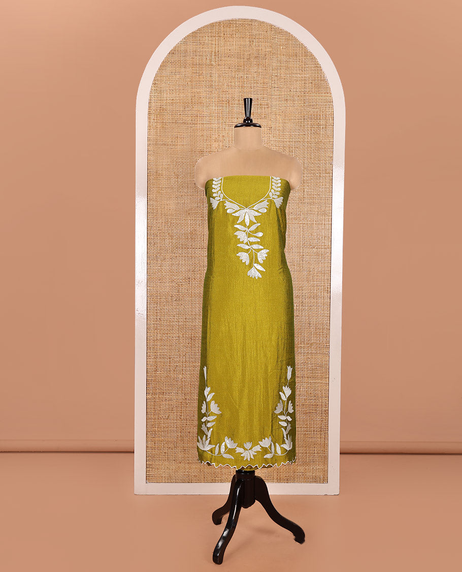 Liril Green Material Churidar Set, Detailed with Floral Motifs Sequins-Thread Embroidered on Its Vichitra Silk Top, Comes with a Contrast Santoon Bottom, and Paired with a Vichitra Silk Floral Embroidered Scallop Dupatta