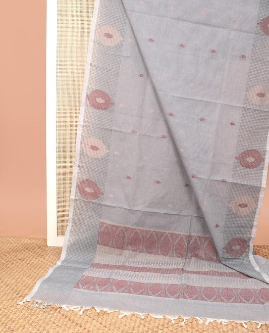 Grey floral motifs coimbatore cotton saree with self checked, floral design border & floral design pallu