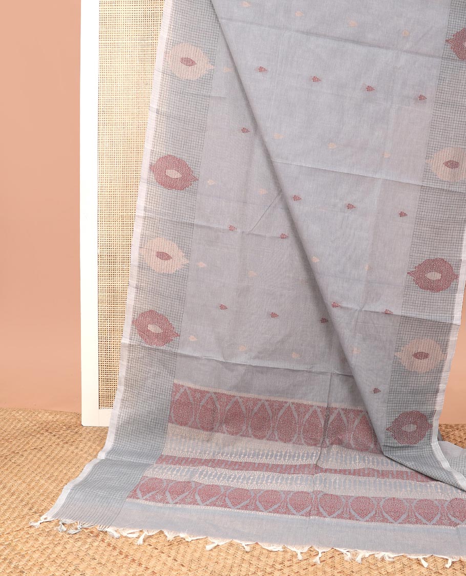 Grey floral motifs coimbatore cotton saree with self checked, floral design border & floral design pallu