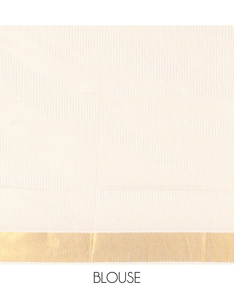 Cream Kerala Saree, Subtly Woven with Stripes on Its Body, Zari Bavanji Border, Sparkling Zari Woven Pallu, and Paired with a Matching Blouse