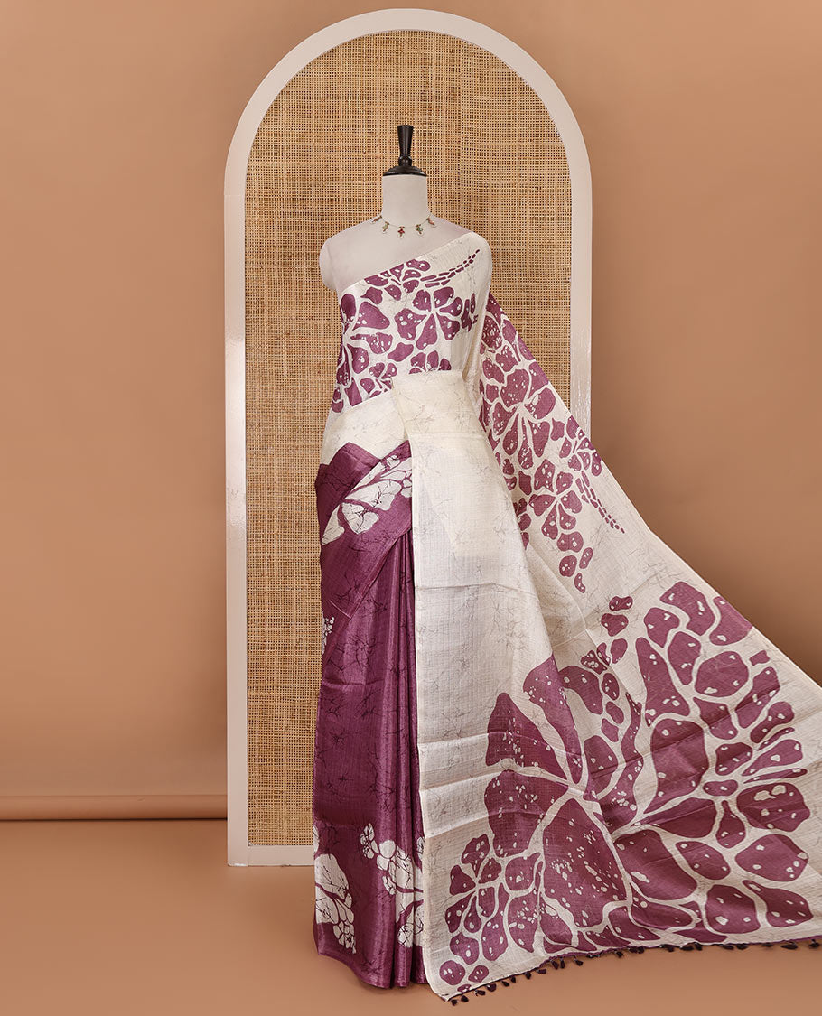 Borderless white-lavender batik-style floral big printed khadi cotton saree, purple batik printed blouse