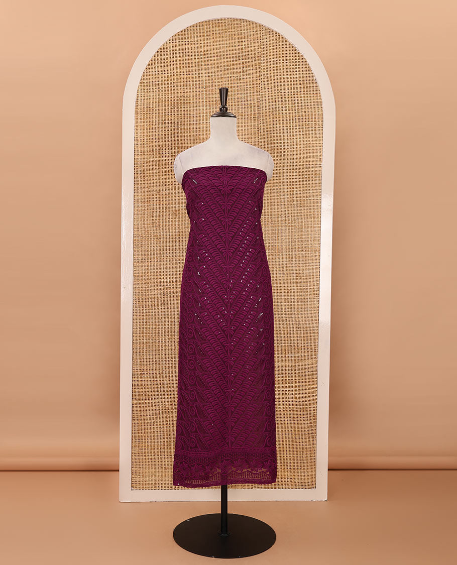 Purple material chudidar set, intricately schiffli embroidered georgette top & sequins embroidered scallop georgette dupatta