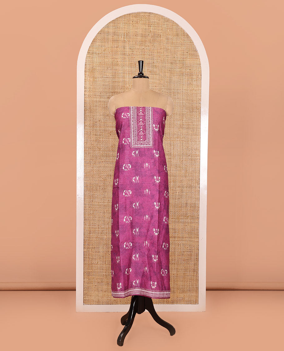 Pink Material Churidar Set, Beautifully Designed with Warli Motifs Printed on Chanderi Top, Comes with a Plain Santoon Bottom, and Is Paired with a Chanderi Dupatta Featuring Warli-Village Themed Motifs Print