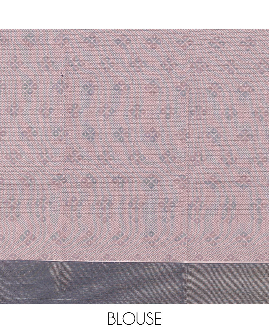 Peach Semi-Silk Cotton Saree, Adorned with Stripes and Buttas All Over Its Body, Complemented by Contrast Border, Pallu of Intricate Designs, and Paired with a Matching Blouse