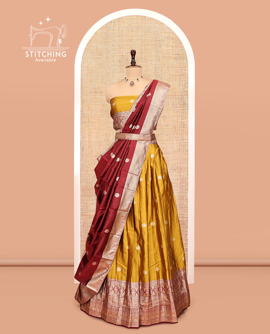 Mustard Banarasi Half-Saree, Adorned with Zari Buttas, a Contrast Traditional Zari Border, a Matching Blouse, and a Contrast Dhavani