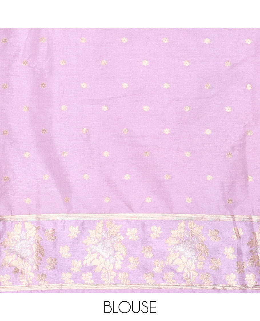 Rani Pink Fancy Raw Silk Saree, Adorned with Floral Zari Buttas, a Contrast Floral Temple Border, Intricate Pallu, and a Contrast Blouse