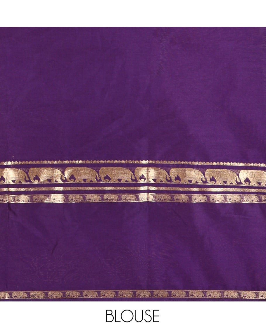 Yellow Plain Art Mysore Silk Saree, Complemented by Captivating Contrast Rettai Pettu Traditional Border of Elephant Zari Buttas, Striped Pallu, and Paired with a Contrast Blouse
