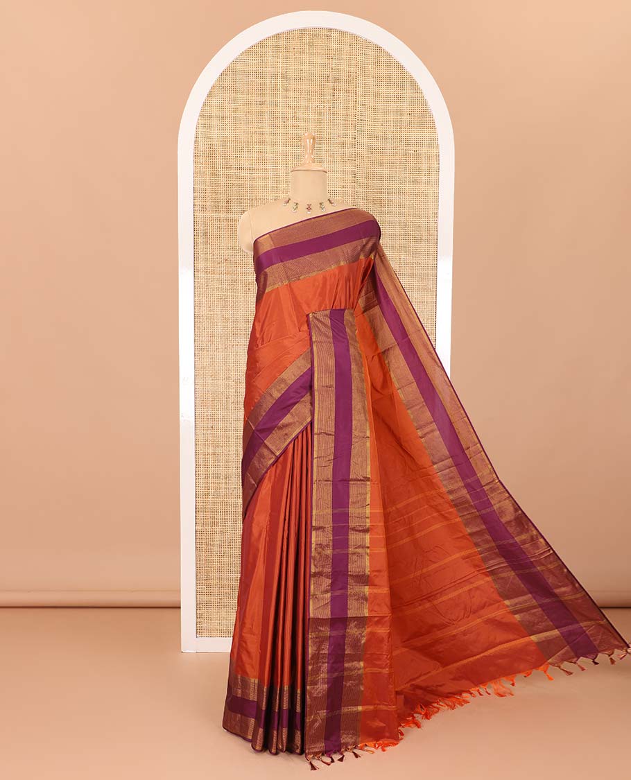 Honey plain semi-soft silk saree with contrast plain border of stripes, striped pallu, and a matching blouse