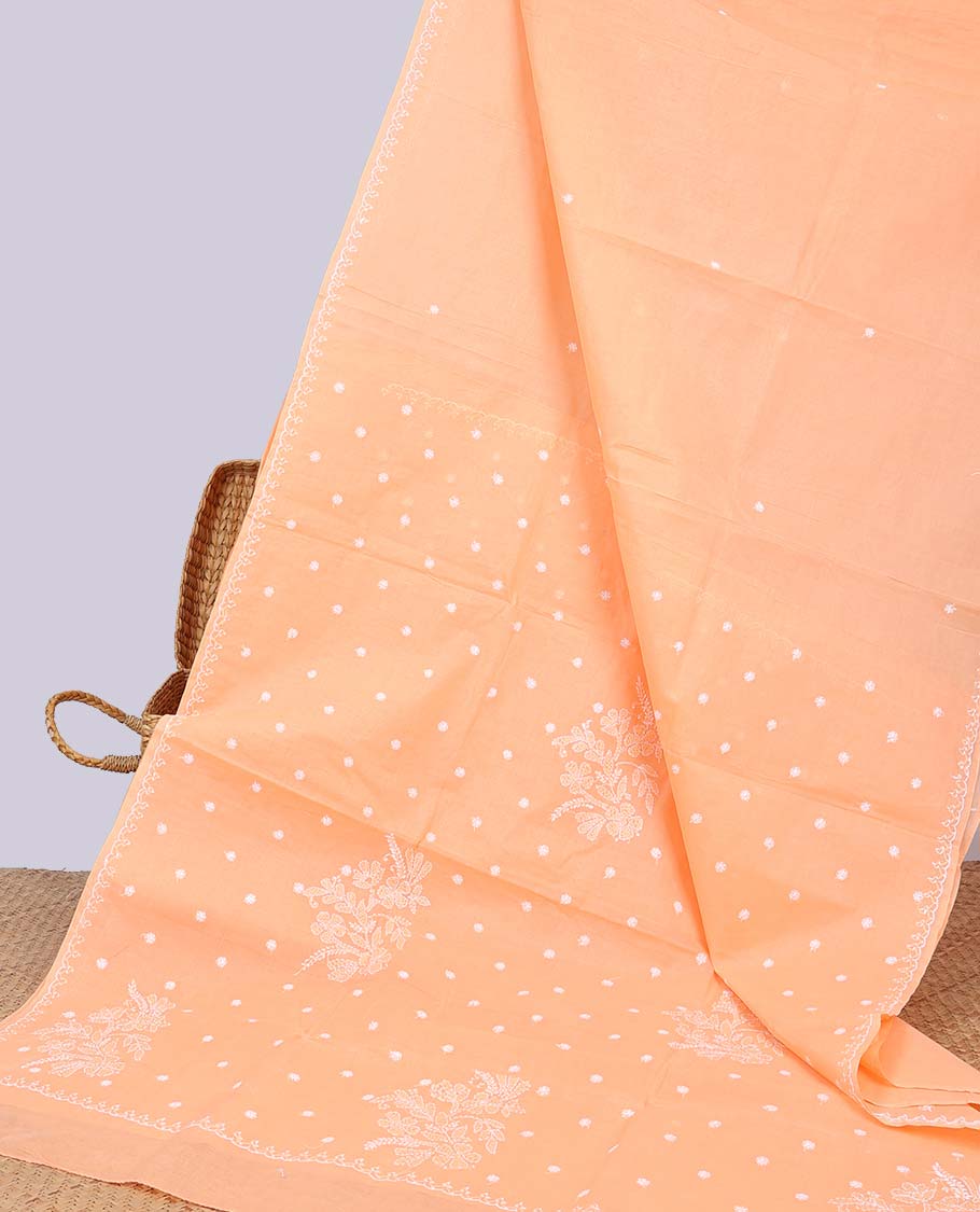 Orange motifs embroidery lucknowi chikankari cotton saree, self scallop design border & floral embroidery