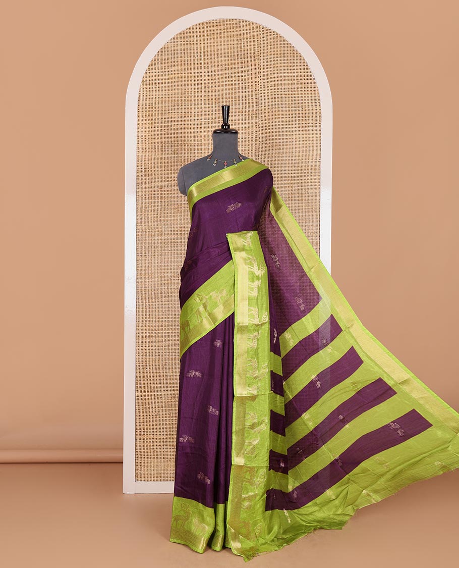 Dark violet deer copper zari buttas dola silk saree, contrast chevron and deer motifs zari border, deer motifs pallu, and contrast deer motifs blouse