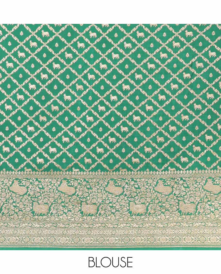 Green floral motifs banaras silk saree with self zari design border & intricate floral zari design pallu