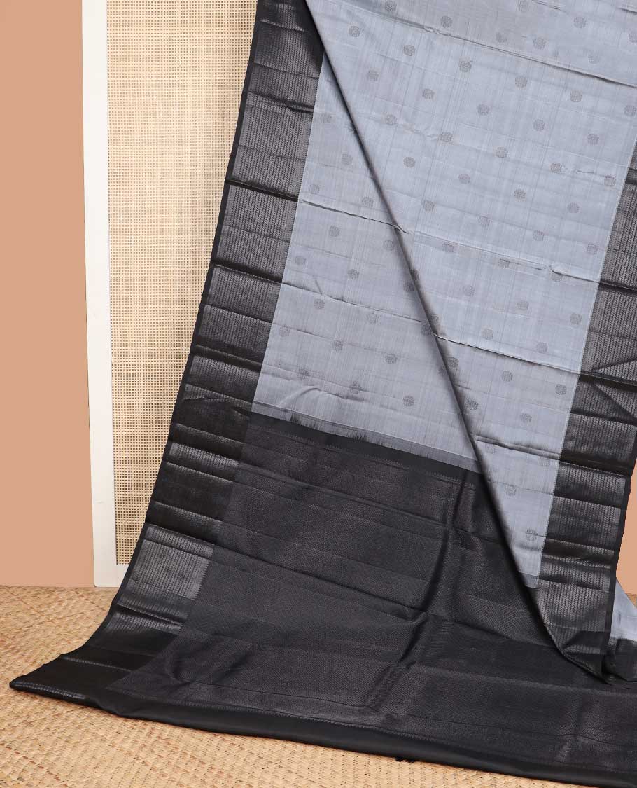 Grey buttas kancheepuram silk saree with self border of thilakam mokku, muthu, banaras design & zari design pallu