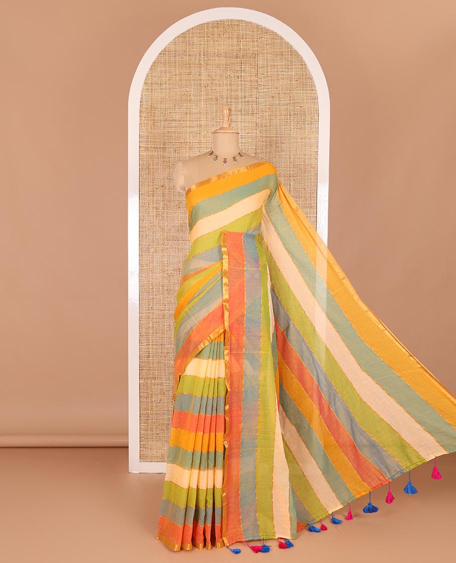 Cream rainbow-style striped Khadi mul cotton saree with piping zari border, and a matching zari striped blouse