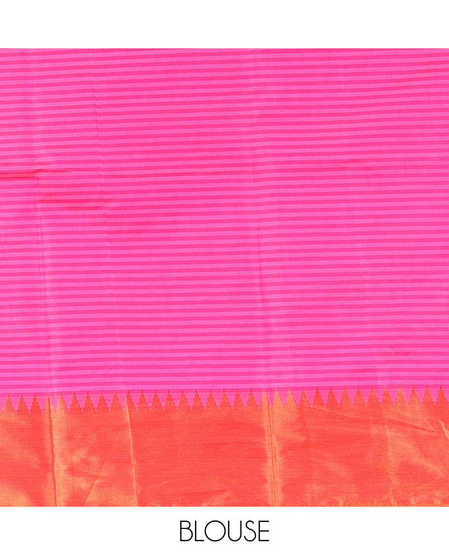 Black-Orange Kanchi Silk Saree Features Checks and Buttas, Contrast Ganga-Jamuna Temple Border, and Contrast Blouse