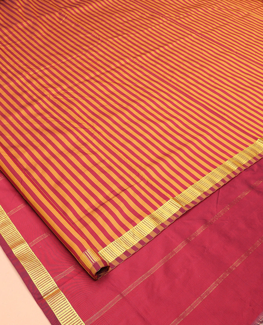 Maroon-Yellow Striped Art-Silk Nine Yard Saree, a Traditional Zari Border, Pallu of Zari Stripes, and No Blouse
