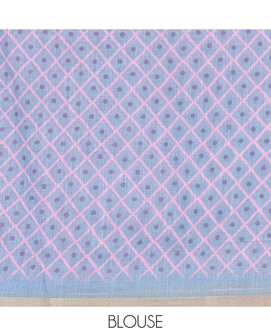 Pink Linen Saree, Adorned with Floral Motifs Printed on Its Body, a Subtle Piping Border, Pallu Steeped with Floral Motifs and Stripes, and Paired with a Contrast Blouse