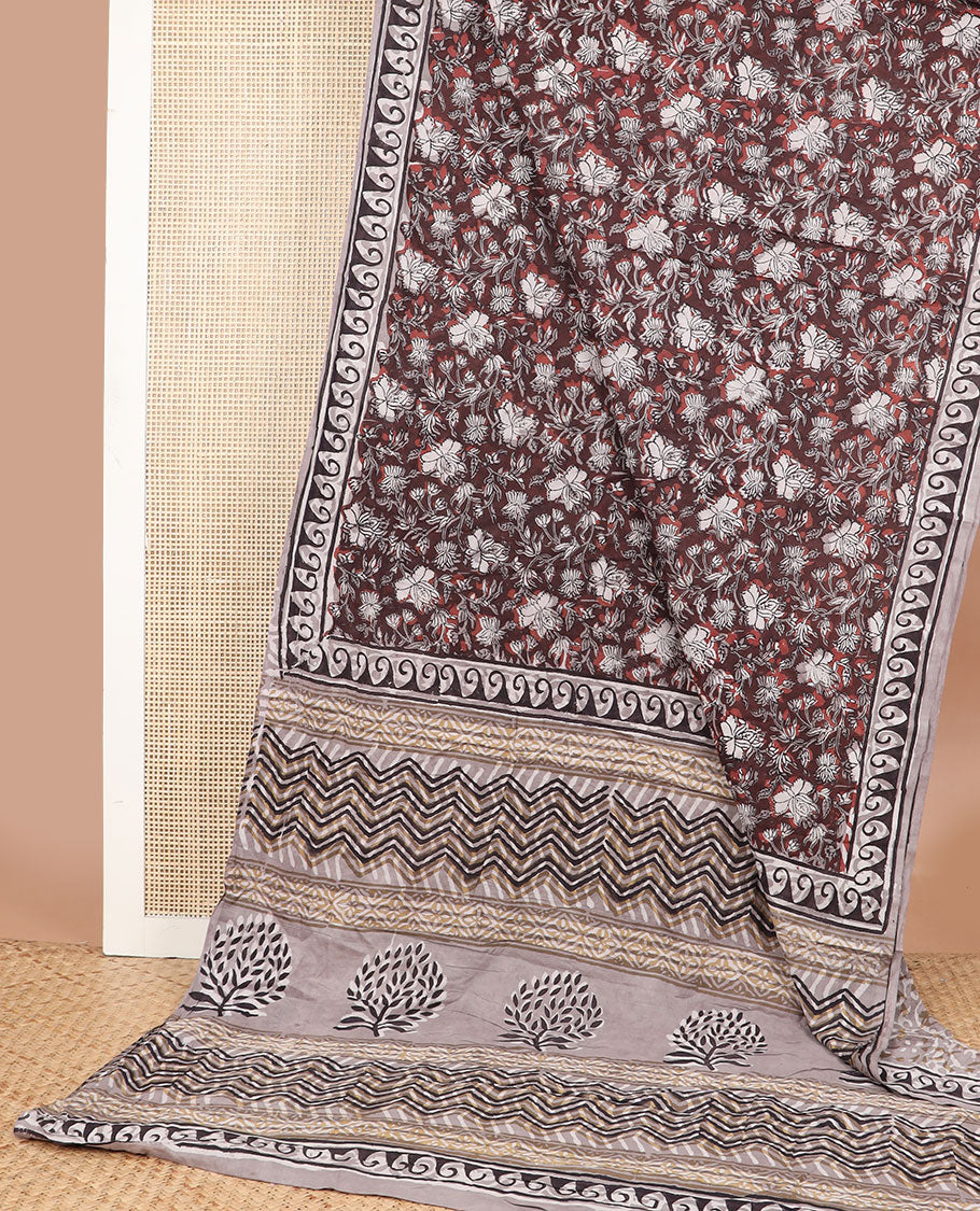Brown floral design machine printed kalamkari cotton saree with contrast wave design border & floral design pallu