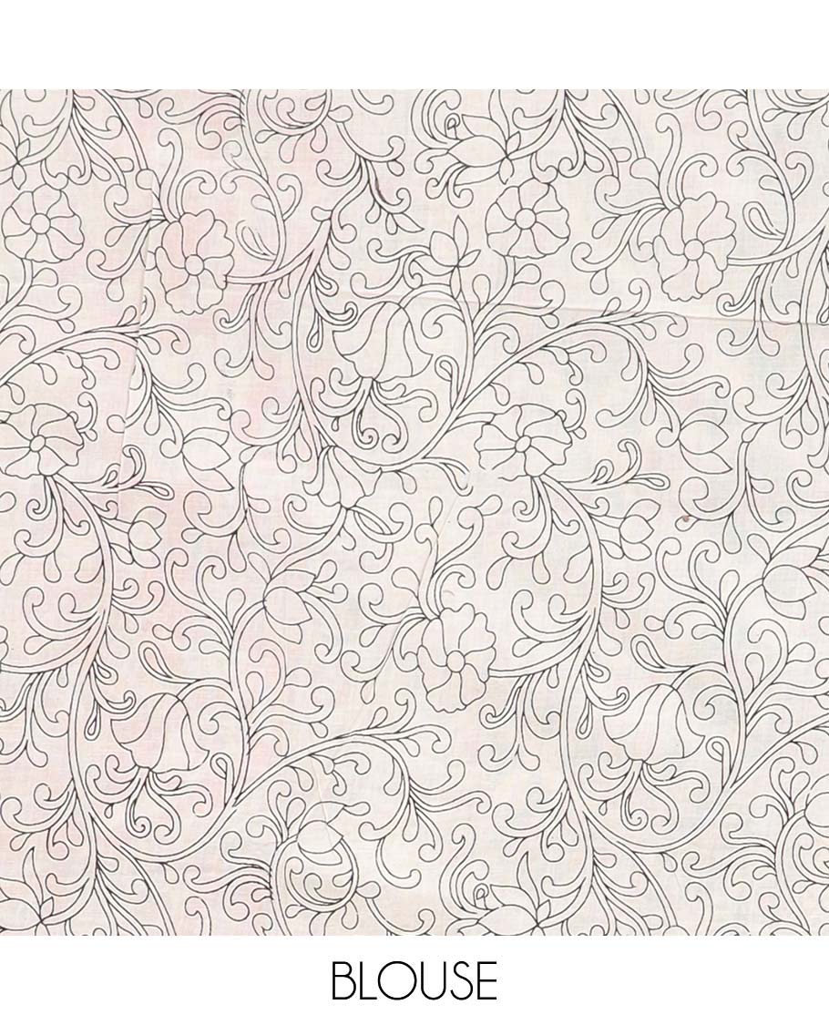 Off-white unique floral machine-printed kalamkari cotton saree, floral design border & floral & geometric pallu