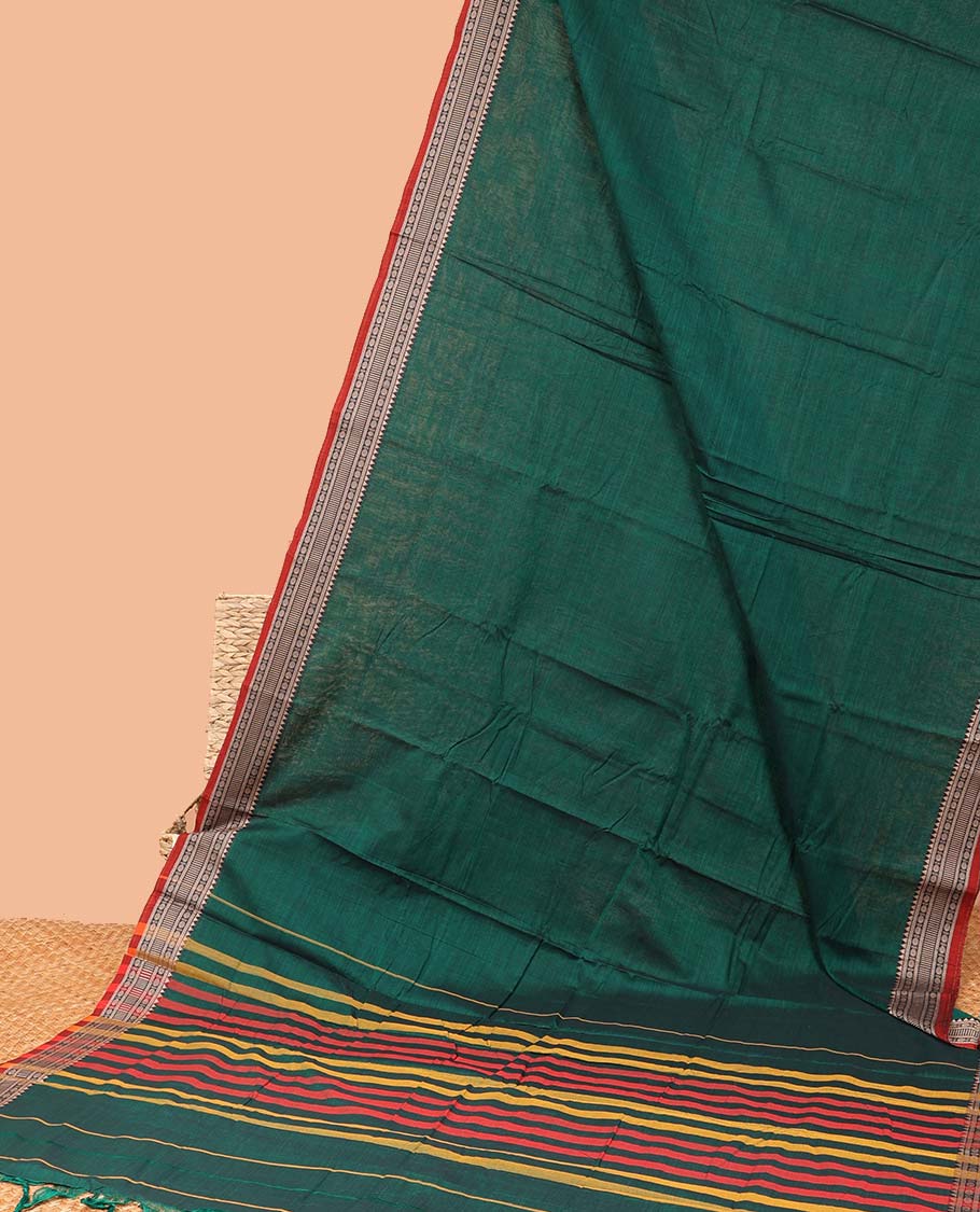 Green plain Narayanapet cotton saree, contrast traditional design border & striped pallu