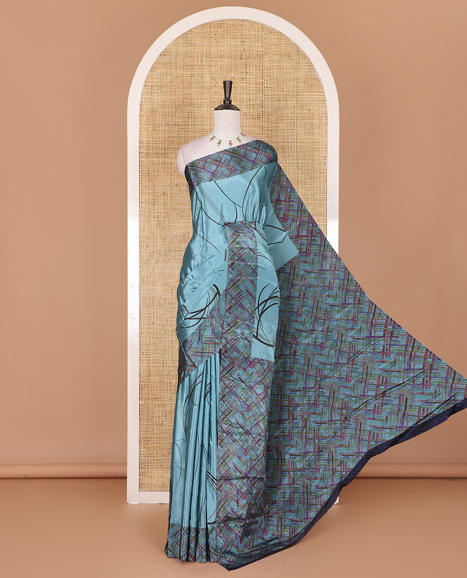 Teal blue abstract style geometric printed Turkey crepe saree, contrast border, and pallu of abstract textured print
