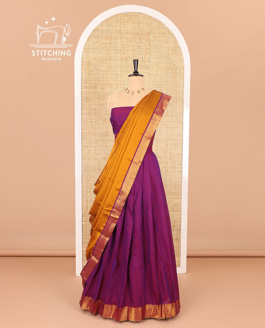 Purple half-saree, plain with contrast traditional zari border skirt, matching zari bordered blouse, and contrast plain zari border dhavani
