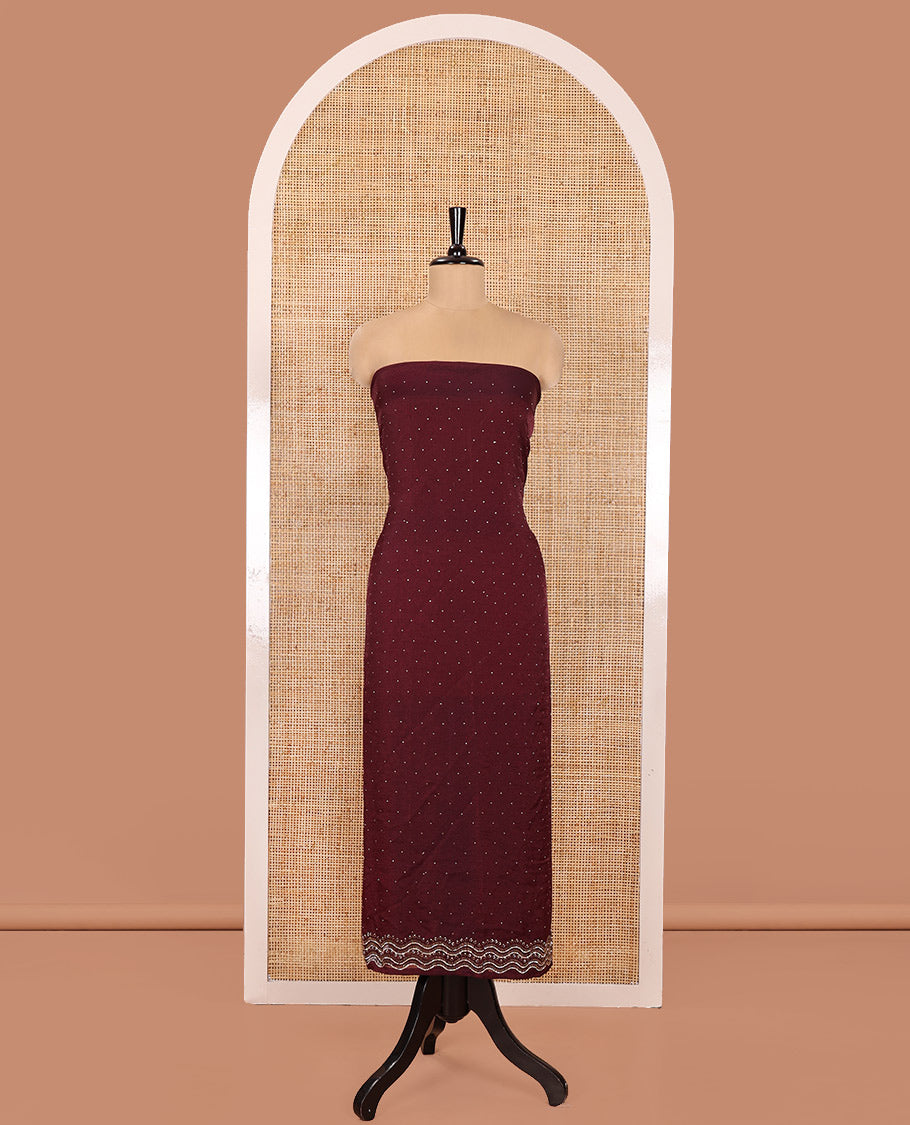 Wine Material Churidar Set, Elevated with Swarovski Stone Work Nc Moss Organza Top, Comes with a Plain Santoon Bottom, and Floral Printed Nc Moss Organza Dupatta