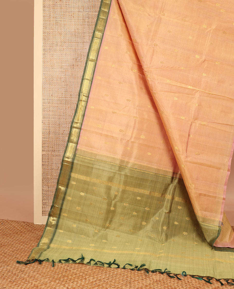 Peach buttas kancheepuram silk saree with contrast korvai intricate zari design border & floral design pallu