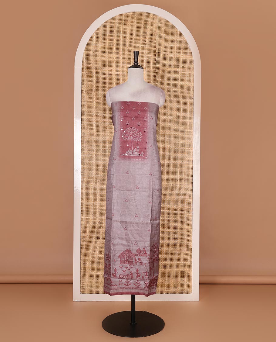 Chikku-red material churidar set, warli tribe village theme print with mirror work semi-tussar top, plain bottom, and warli tribe village theme print semi-tussar dupatta