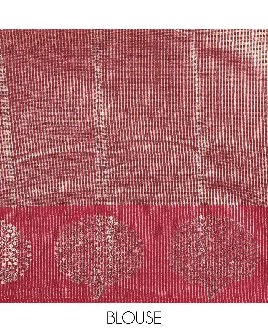 Rama Blue Tissue-Cotton Blended Saree, Subtly Sparkled with Vertical Stripes on Its Body, Complemented by Contrast Border of Tree Motifs Woven, a Pallu Steeped with Zari Stripes, and Paired with a Contrast Blouse