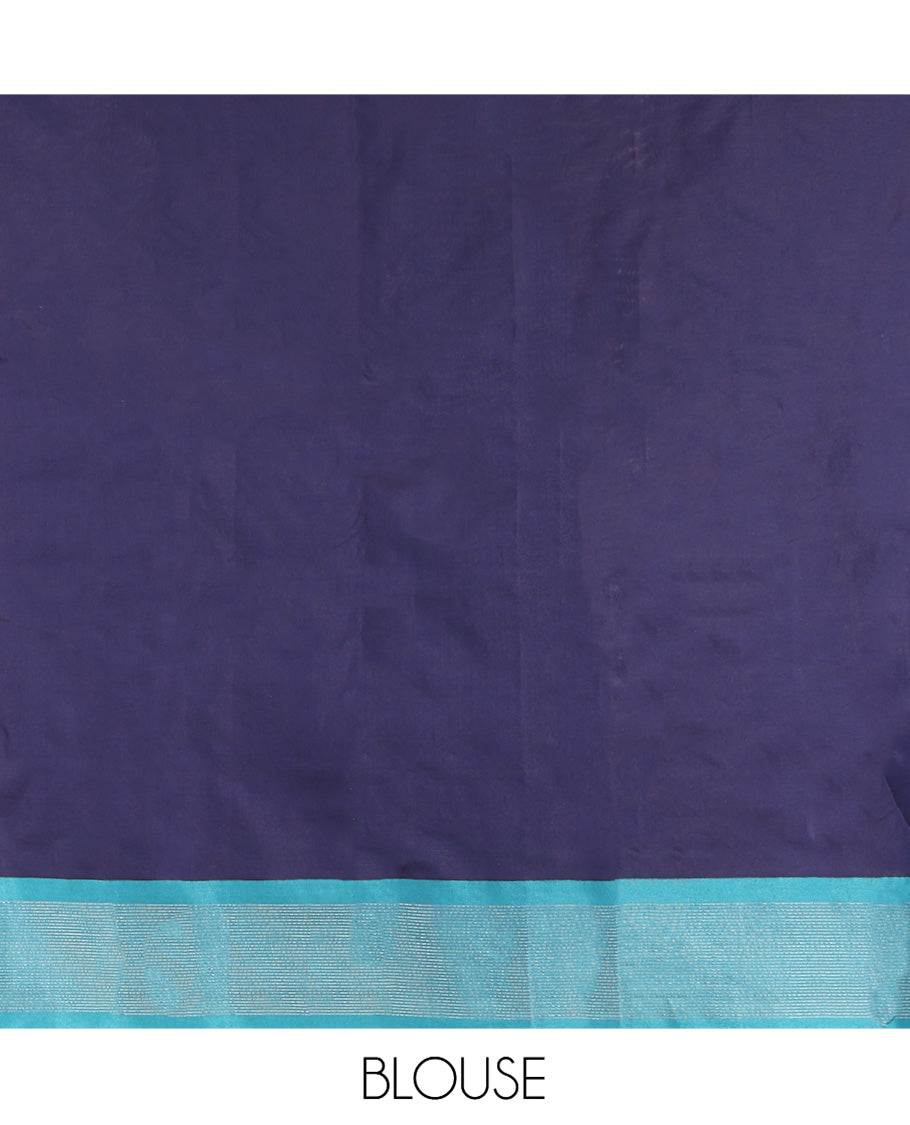 Navy Blue Aarani Gift Saree, Steeped with Plus-Shaped Buttas on Its Body, Complemented by a Contrast Striped Border, Subtle Striped Pallu, and Paired with a Matching Blouse