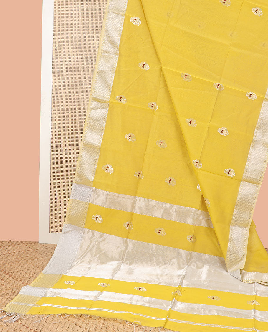 Yellow motifs maheswari cotton saree with self zari design border & striped, floral zari design pallu